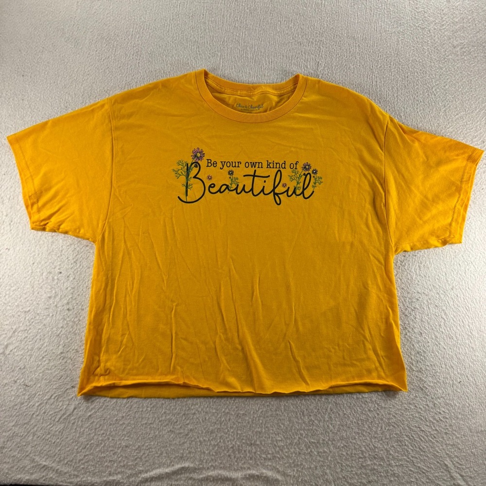 Chic & Cheerful Graphic Tee Womens Large Yellow Boxy Raw Hem Floral Chic Summer - Picture 1 of 6